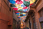 Türkei, Istanbul, Straße mit bunten Sonnenschirmen in Karakoy-Viertel