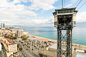 Spain, Barcelona, Barcelona's Port cable car tower and coast