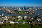 UK, London, Aerial view of Greenwich and Isle of Dogs