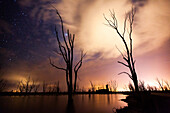 View of bare trees in flood water against milky way in sky, Villa Epecuen