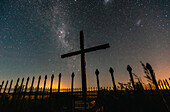 View of religious cross and fence against milky way in sky