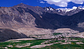 India, Ladakh, Leh District, Lamayuru, Mountain landscape in Himalayas with Buddhist Lamayuru Monastery in valley