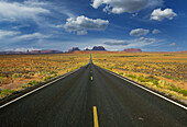 Arizona, Monument Valley Tribal Park, leere Straße in der Wüste, die zum Monument Valley führt
