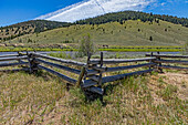 USA, Idaho, Stanley, Wooden fence around pasture