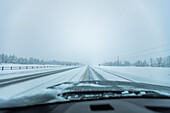 United States, Idaho, Bellevue, Snowstorm on highway seen from car