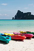 Thailand, Krabi, Colorful kayaks on beach