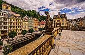 View of the Teplá and historic town houses from the terrace of the Mill Fountain Colonnade, Karlovy Vary; Karlovy Vary, Czech Republic