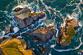 Aerial view of the Minnows islands near Porthcothan on the North coast of Cornwall, England, United Kingdom, Europe
