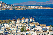 Elevated view of flour mills and town, Mykonos Town, Mykonos, Cyclades Islands, Greek Islands, Aegean Sea, Greece, Europe
