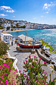 Elevated view of restaurant and town, Mykonos Town, Mykonos, Cyclades Islands, Greek Islands, Aegean Sea, Greece, Europe