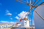 View of windmills and town in background, Mykonos Town, Mykonos, Cyclades Islands, Greek Islands, Aegean Sea, Greece, Europe