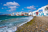 View of shingle beach and restaurants in Little Venice, Mykonos Town, Mykonos, Cyclades Islands, Greek Islands, Aegean Sea, Greece, Europe