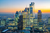 View of City of London skyscrapers at dusk from the Principal Tower, London, England, United Kingdom, Europe