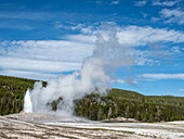 The cone geyser called Old Faithful erupting, Yellowstone National Park, UNESCO World Heritage Site, Wyoming, United States of America, North America