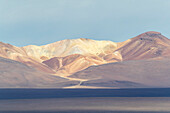 Sunset over an endorheic salt lake in the altiplano, Eduardo Avaroa Andean Fauna National Reserve, Bolivia, South America