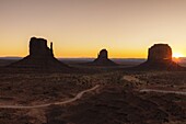 Monument Valley with West Mitten Butte, East Mitten Butte and Merrick Butte, Monument Valley Tribal Park, Arizona, United States of America, North America