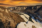 View from Eichfelsen Rock into Danube Gorge and Werenwag Castle at sunset, Upper Danube Nature Park, Swabian Alps, Baden-Wurttemberg, Germany, Europe