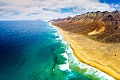 Aerial panoramic of mountains and Cofete Beach in Jandia Natural Park, Fuerteventura, Canary Islands, Spain, Atlantic, Europe