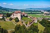 Aerial of Gruyere Castle, Fribourg, Switzerland, Europe