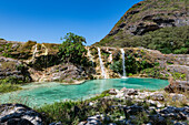 Turquoise waterfalls, Wadi Darbat, Salalah, Oman, Middle East