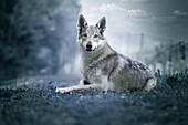 Czechoslovak Wolfdog portrait laying on the ground edited in blue colors, Italy, Europe