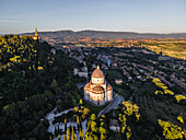 Aerial view of Todi's cityscape, with St. Mary's Church and St. Fortunato's Church, Todi, Umbria, Italy, Europe