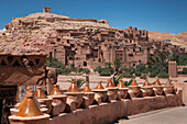 Tagine pots decorate a wall at Kasbah Ait Benhaddou, near Ouarzazate, Morocco, North Africa, Africa