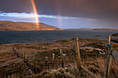 Double Rainbow across Loch an Tairbeairt towards Leac Easgadail, Isle of Harris, Outer Hebrides, Scotland, United Kingdom, Europe