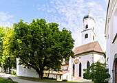 Ensemble of Nikolaikirche, parish church of St. Georg and Jakobus and Mount of Olives chapel in Isny in the Westallgäu in Baden-Württemberg in Germany