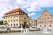 Residenzplatz with Zumsteinhaus and Anna Schweelin Fountain in Kempten im Allgäu in Bavaria in Germany