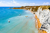 Aerial view of majestic limestone cliffs framing the golden sand of Xi beach, Kefalonia, Ionian Islands, Greek Islands, Greece, Europe