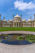 Blick auf Brighton Pavilion und den Seerosenteich im Hochsommer, Brighton, Sussex, England, Vereinigtes Königreich, Europa