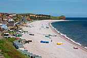 View along shingle beach and seaside town, Budleigh Salterton, Jurassic Coast, Devon, England, United Kingdom, Europe