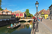 Boat excursion on Lauch River, Petite Venise district, Colmar, Alsace, Haut-Rhin, France, Europe
