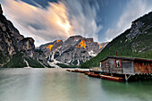 Cloudy sky at sunset over Croda del Becco and Lake Braies (Pragser Wildsee), Dolomites, South Tyrol, Italy, Europe