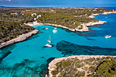 Aerial of Parc Natural de Mondrago, Mallorca (Majorca), Balearic Islands, Spain, Mediterranean, Europe
