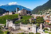 Aerial of the Castlegrande, Three Castles of Bellinzona UNESCO World Heritage Site, Ticino, Switzerland, Europe