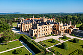 Aerial of Lednice Palace, Lednice-Valtice Cultural Landscape, UNESCO World Heritage Site, South Moravia, Czech Republic, Europe