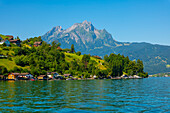 Mountain Peak Pilatus and Lake Lucerne in a Sunny Summer Day in Lucerne, Switzerland.