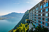 Hotel Five Stars Bürgenstock over Lake Lucerne and Mountain in Sunny Day in Bürgenstock, Nidwalden, Switzerland.
