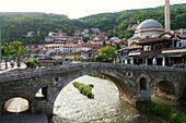 View of Prizren with the old town and Sinan Pasha Mosque with the Lumbardhi River, Kosovo