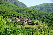 Village with small mosque at Mavrovo National Park, North Macedonia