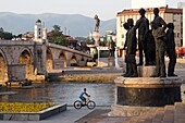 on the Vardar River with the Kamen Bridge in downtown, capital Skopje, North Macedonia