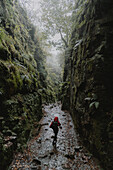 Woman hiking between wet, rugged rock walls in forest, The Roaches, Derbyshire, England