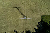 Aerial view electricity pylon over sunny green crop, Baden-Wuerttemberg, Germany