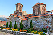 Macedonia, Macedonia, Lake Ohrid. St. Naum Monastery, pilgrimage spot on plateau over Ohrid Lake. Founded 910 by St. Naum, present-day church built 16th c. UNESCO Heritage Site.