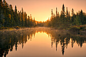 Kanada, Ontario, Lake Superior Provincial Park. Sonnenaufgangwaldreflexion in der Wasserstraße