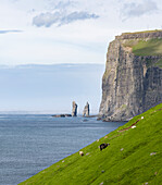 Blick von Streymoy nach Eysturoy mit den Landmarken Risin und Kellingin, zwei Felsnadeln bei Eidi. Dänemark, Färöer