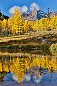 Sunrise, Maroon Bells autumn colors on aspens with pond reflection.