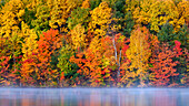 USA, Michigan, Upper Peninsula, Autumn fog and reflections on Moccasin Lake
